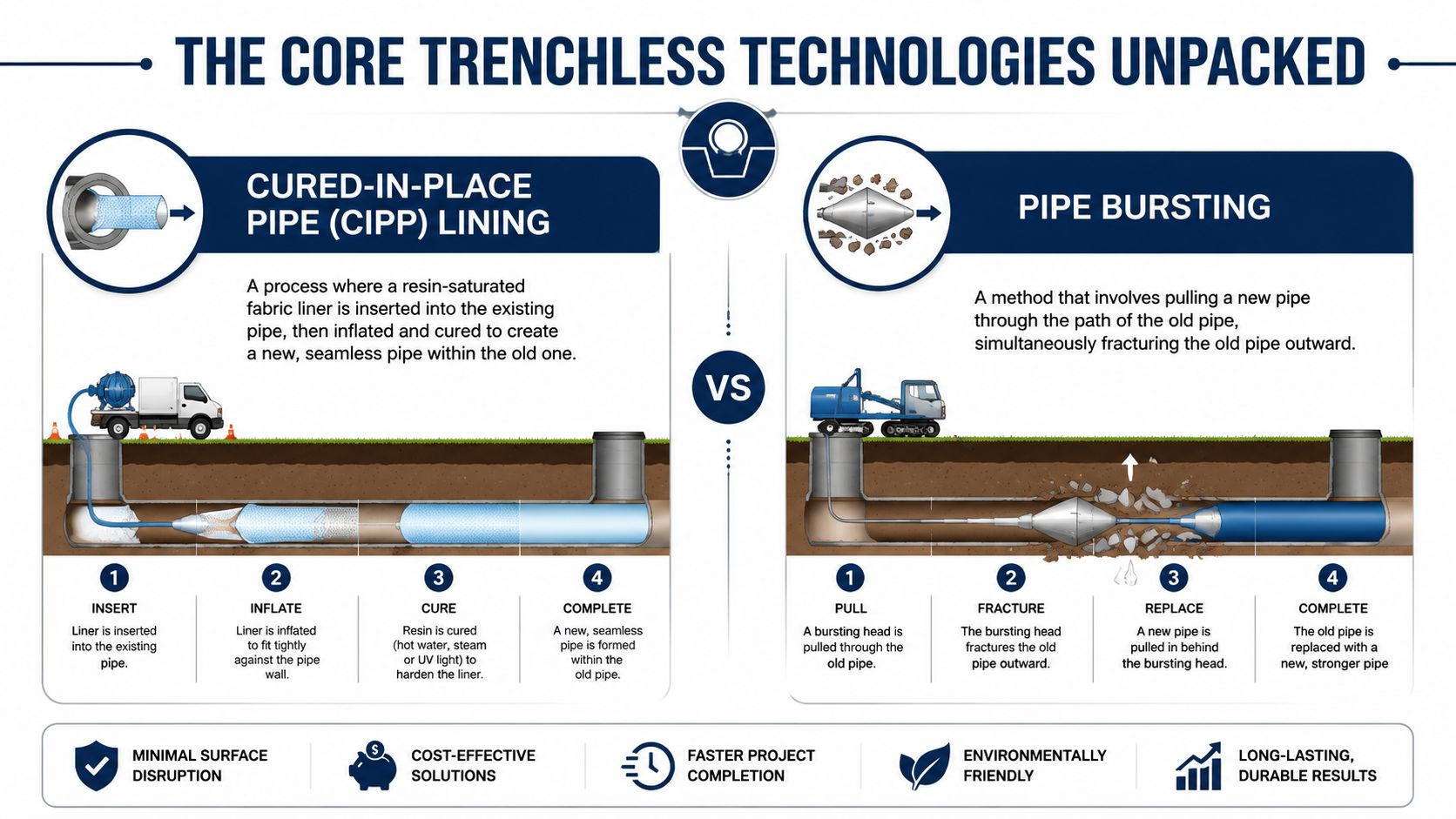 An infographic showing the steps of Cured-In-Place Pipe lining and Pipe Bursting for trenchless sewer repair.