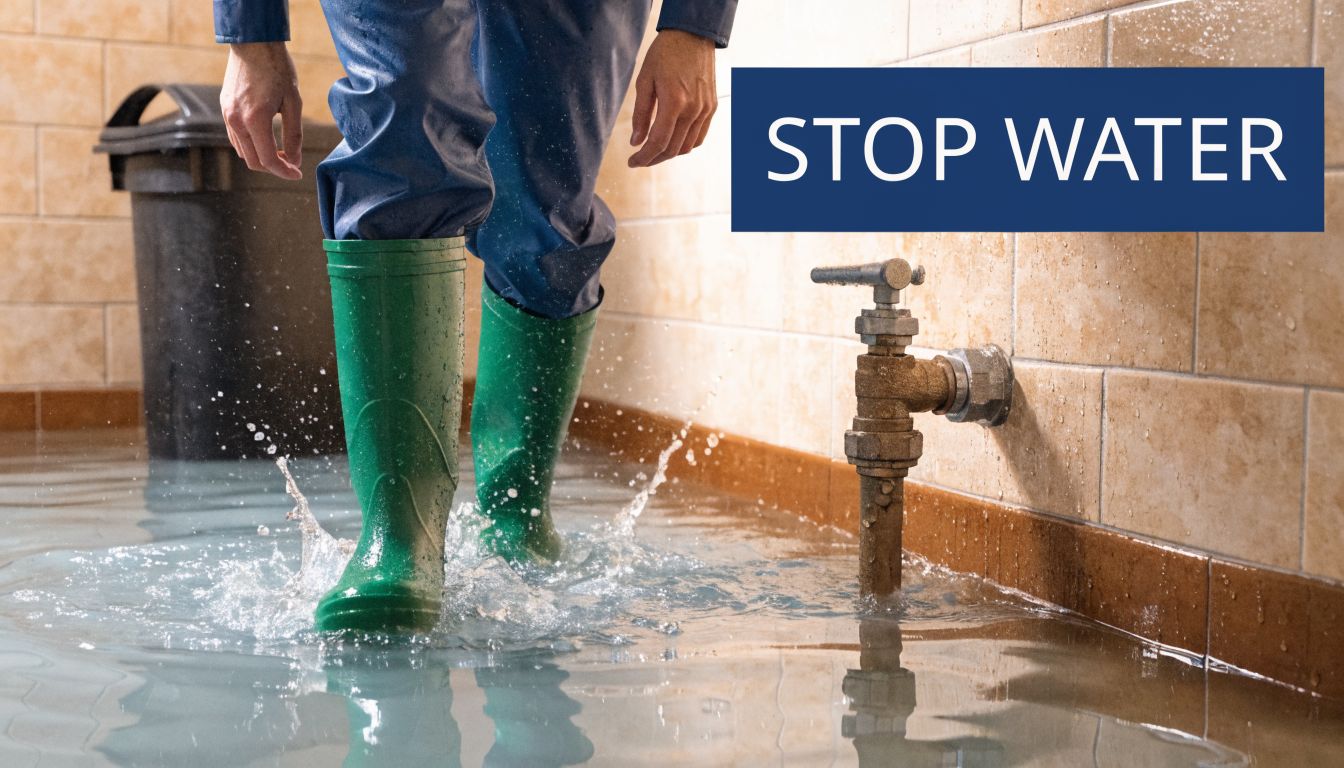 A worker in green rubber boots walking through a flooded basement with a leaking pipe nearby.