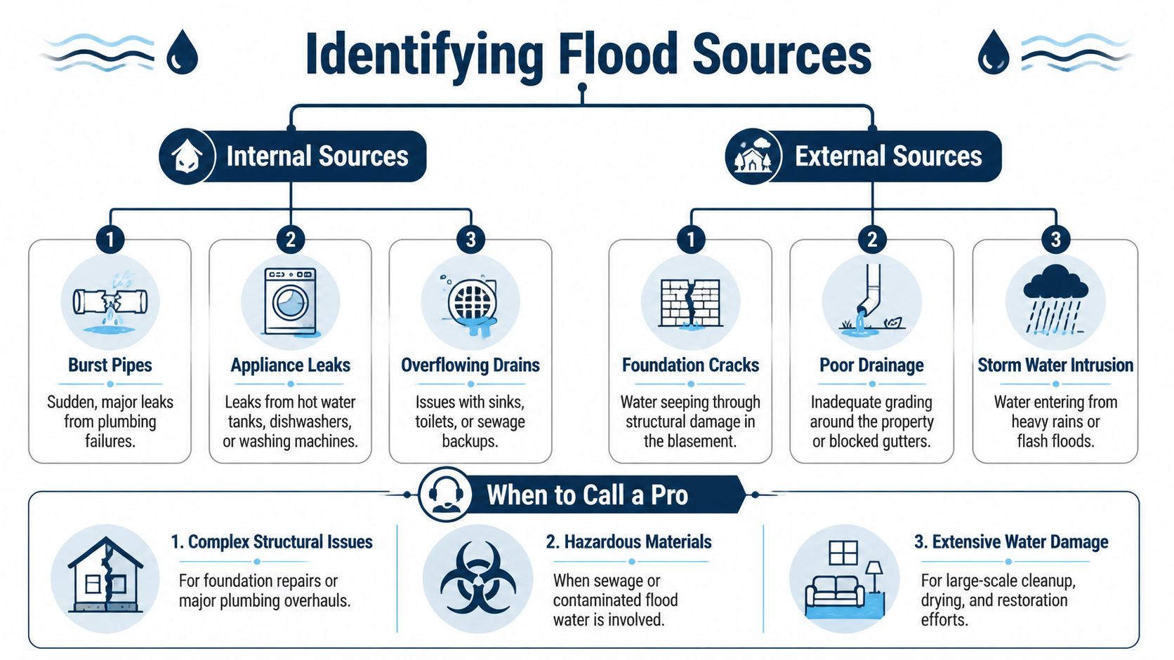 An infographic titled Identifying Flood Sources categorized by internal and external causes with professional intervention steps.