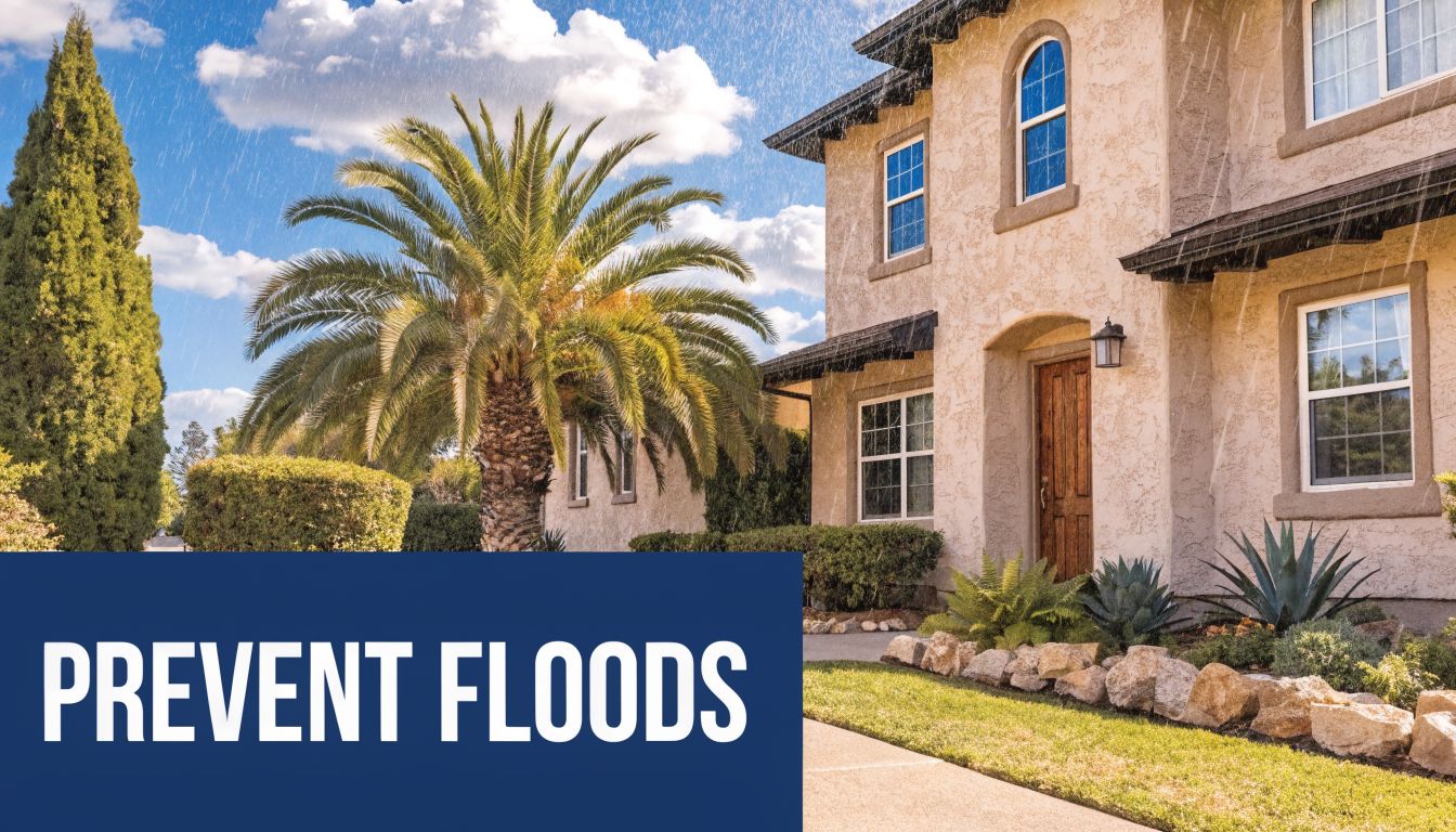 A modern two-story suburban house during a rain shower with the words PREVENT FLOODS overlaid prominently.