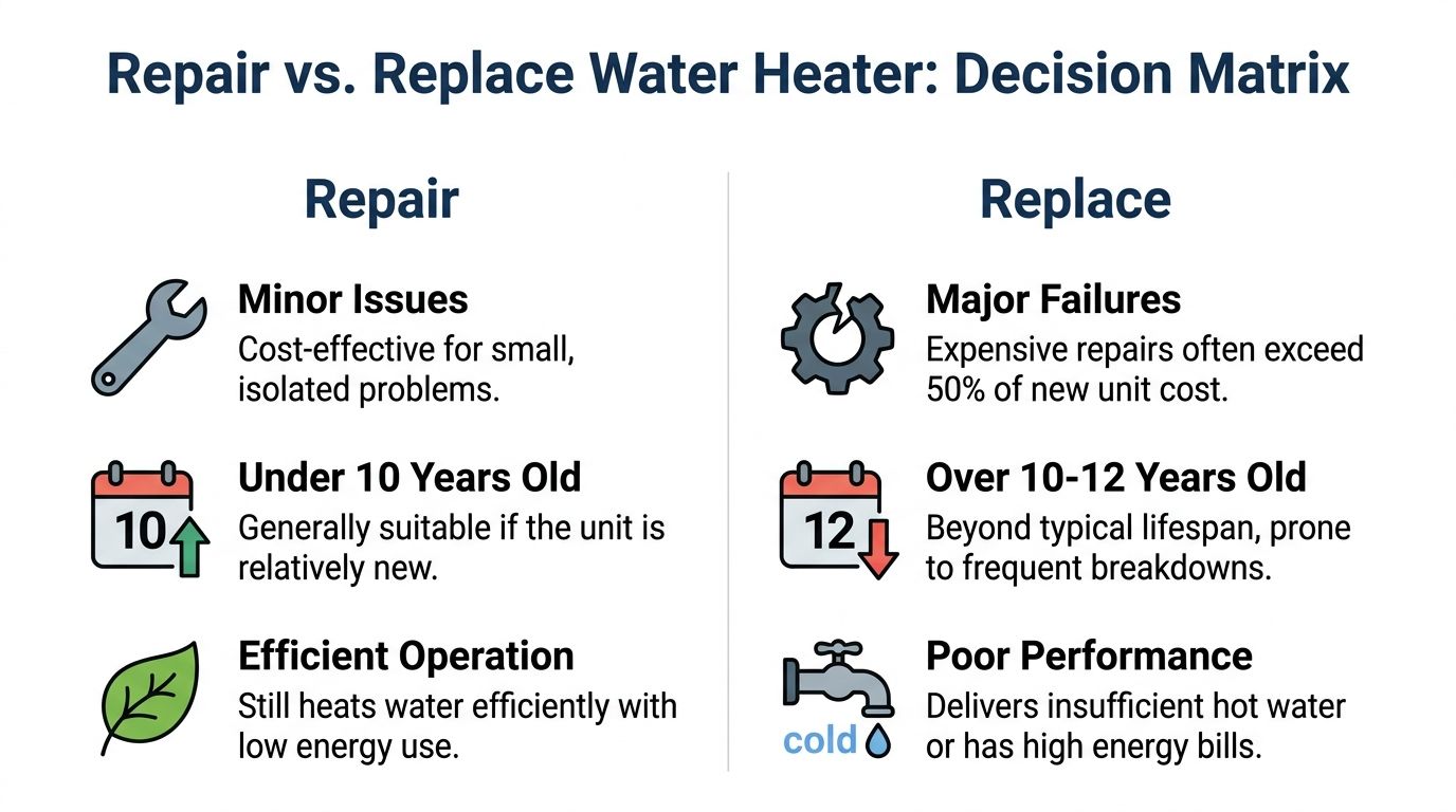 A decision matrix table comparing when to repair versus replace a home water heater unit.