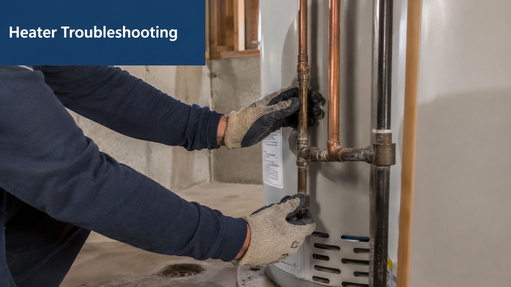 A technician wearing work gloves inspecting the plumbing connections on a water heater in a basement.