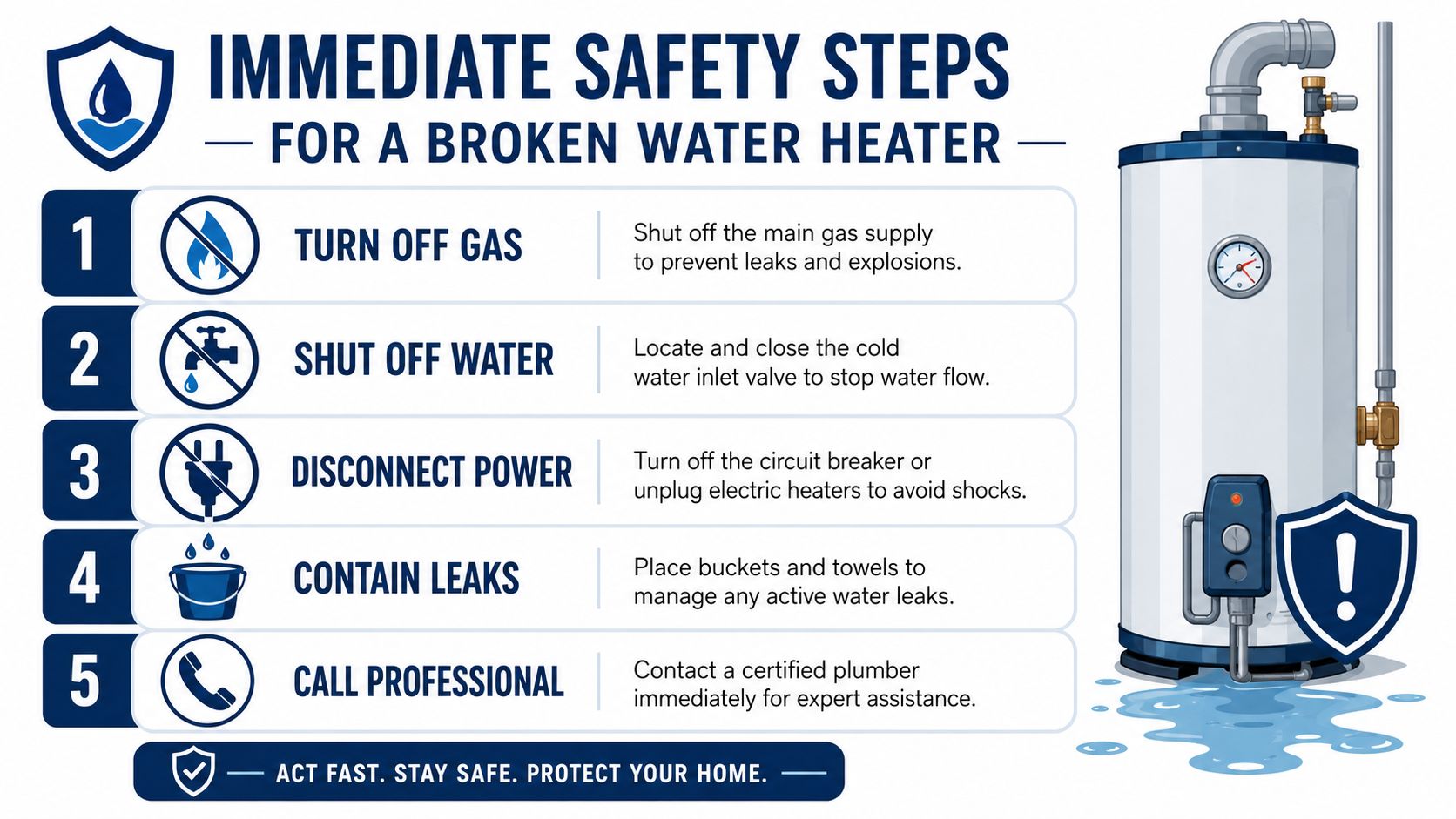 An infographic showing five immediate safety steps to take when dealing with a broken water heater.