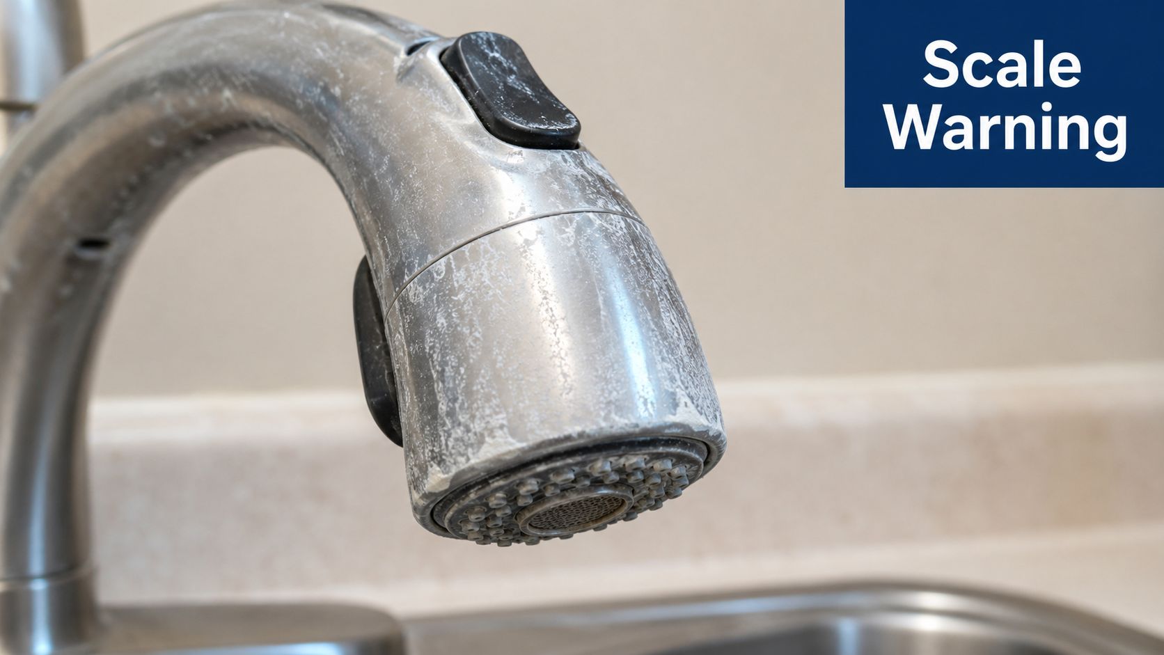 A close-up view of a kitchen faucet head covered with white calcium scale and hard water deposits.