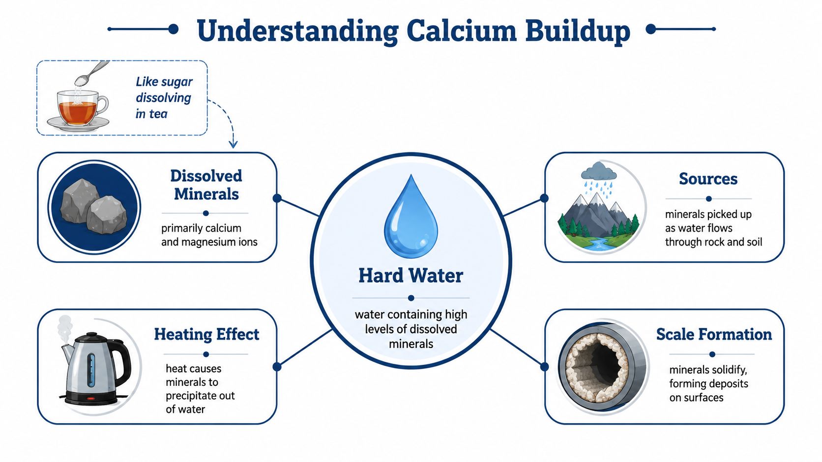 An infographic titled Understanding Calcium Buildup explaining the origins, causes, and effects of hard water.