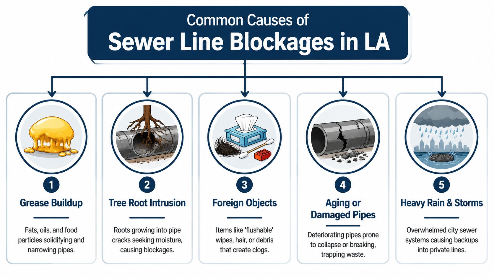 An infographic illustrating five common causes of sewer line blockages in Los Angeles including roots and grease.