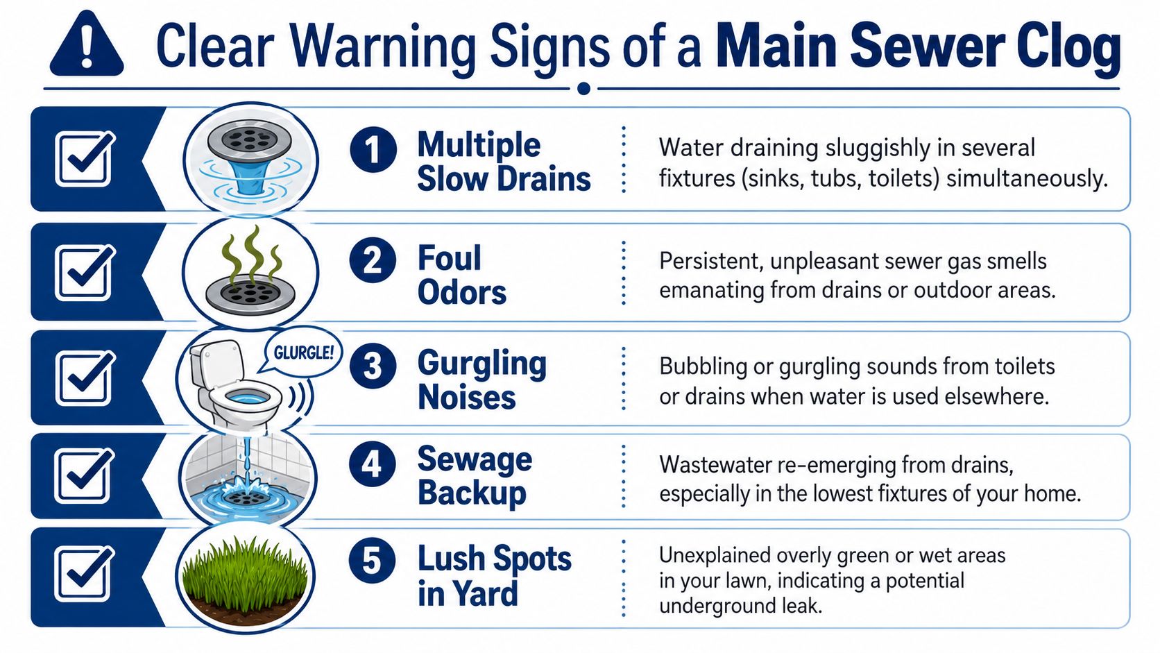 An infographic showing five clear warning signs of a main sewer clog including slow drains and odors.