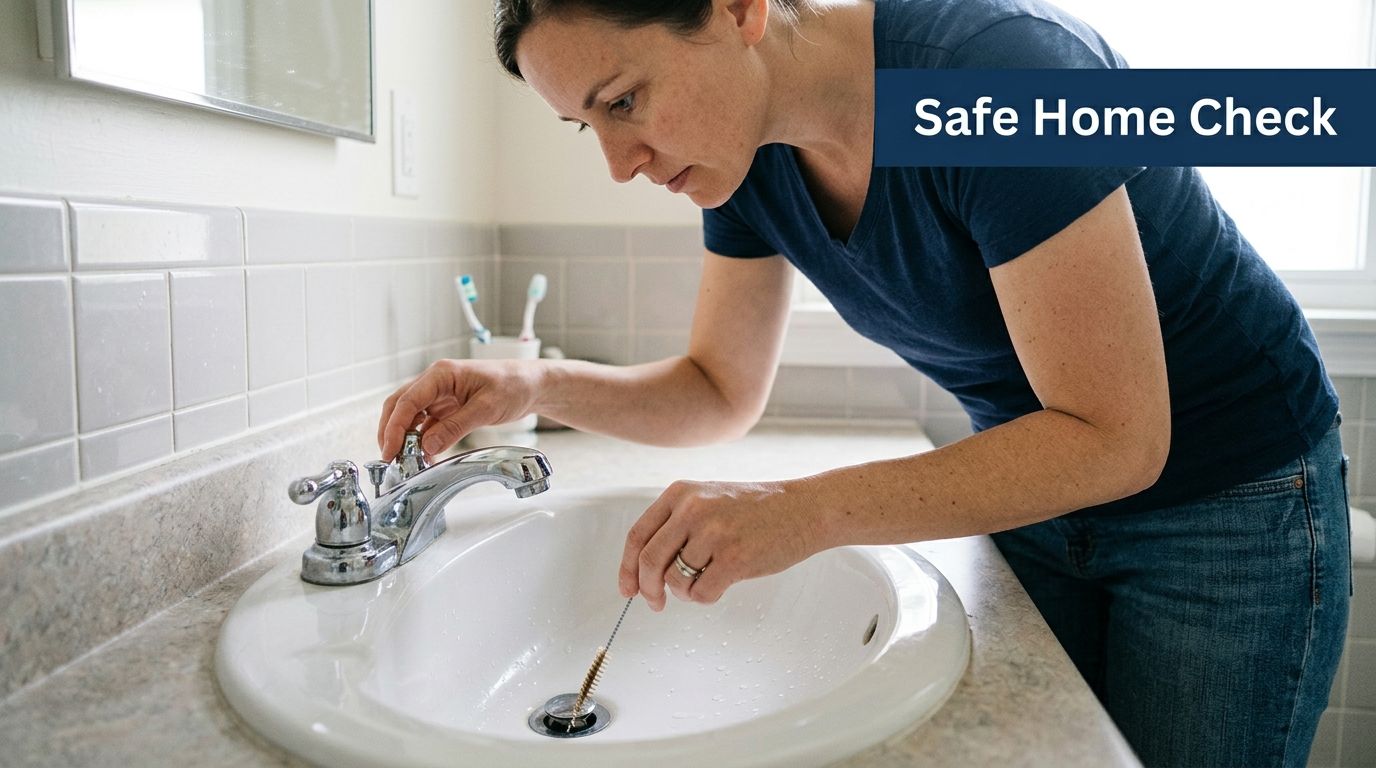 A woman cleaning a bathroom sink drain with a small brush as part of a home check.