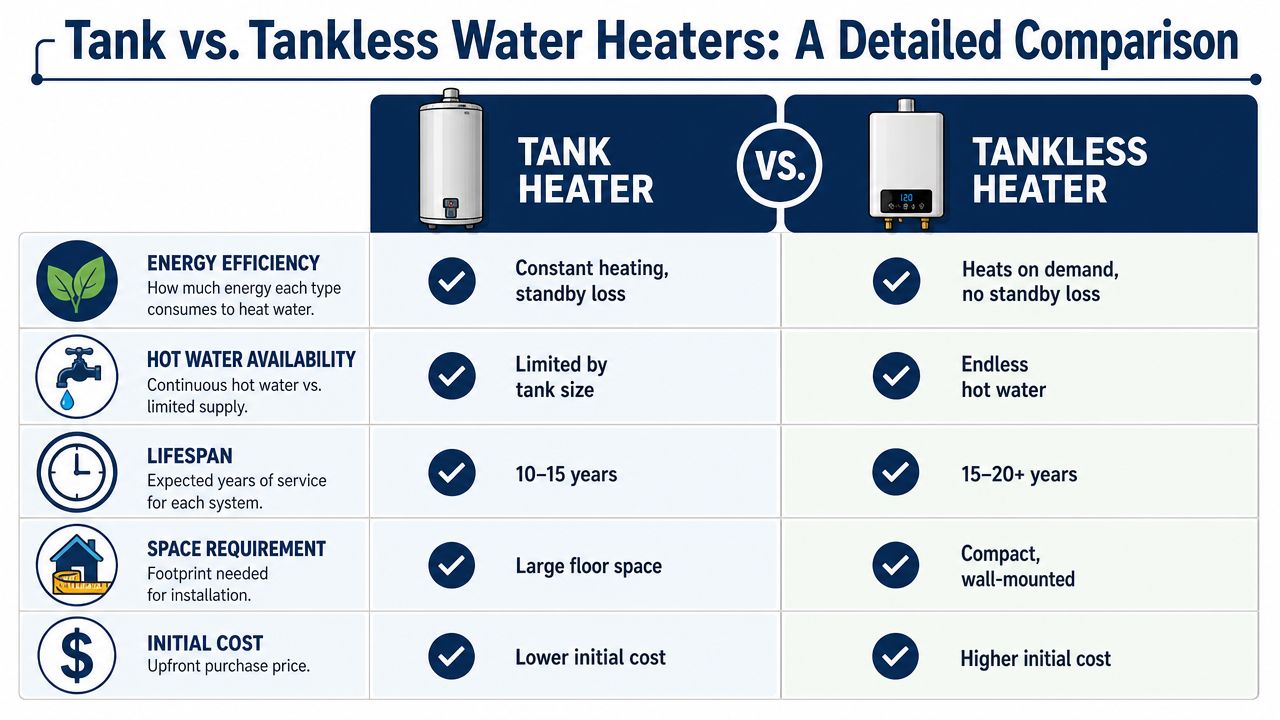 A comparison chart outlining key differences between traditional tank water heaters and modern tankless water heaters.