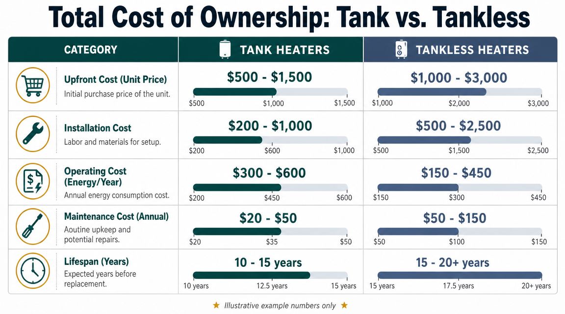 A comparison table outlining the total ownership costs between tank and tankless water heater units.