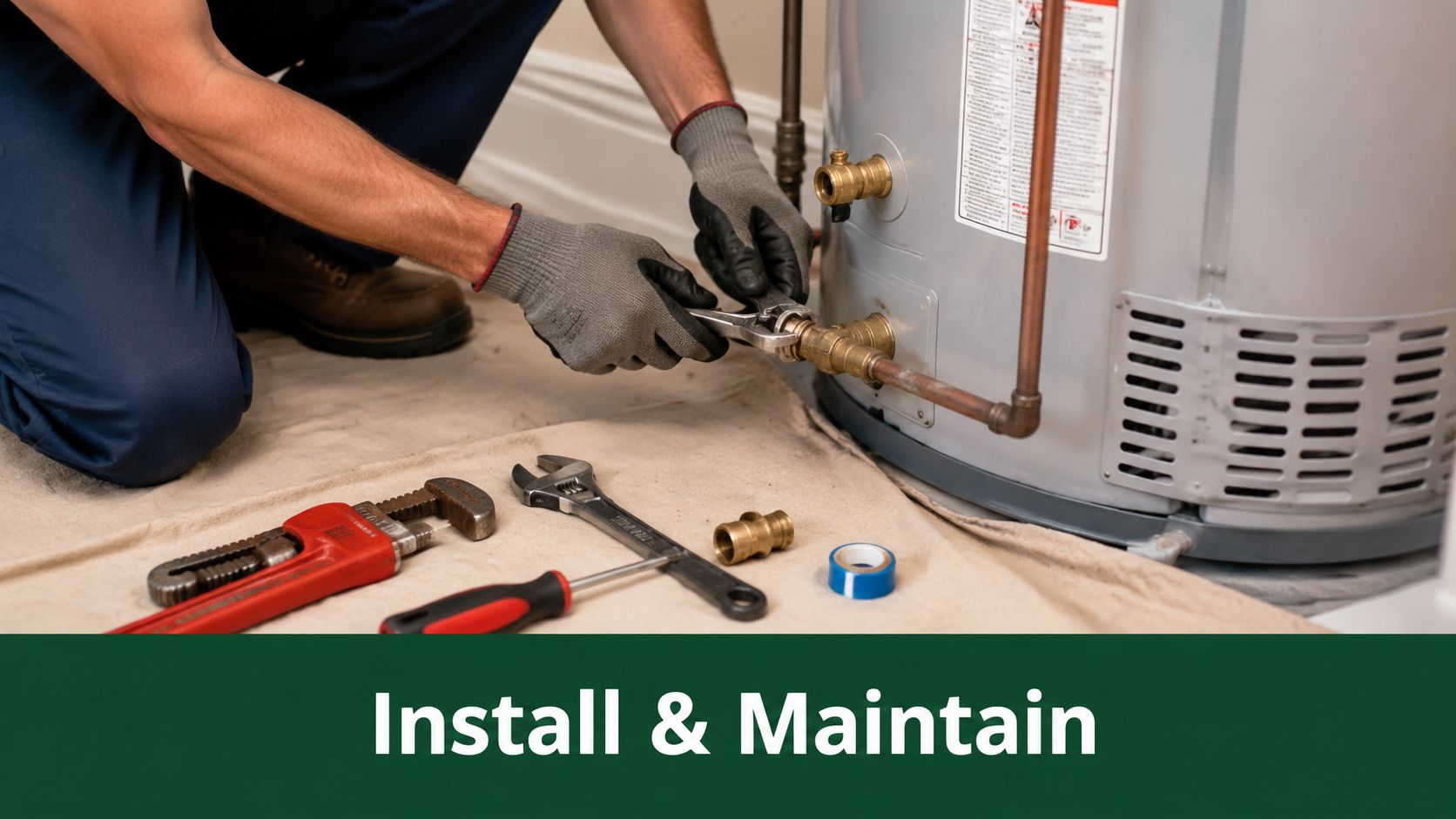 A professional plumber in gloves using a wrench to repair a residential water heater system indoors.