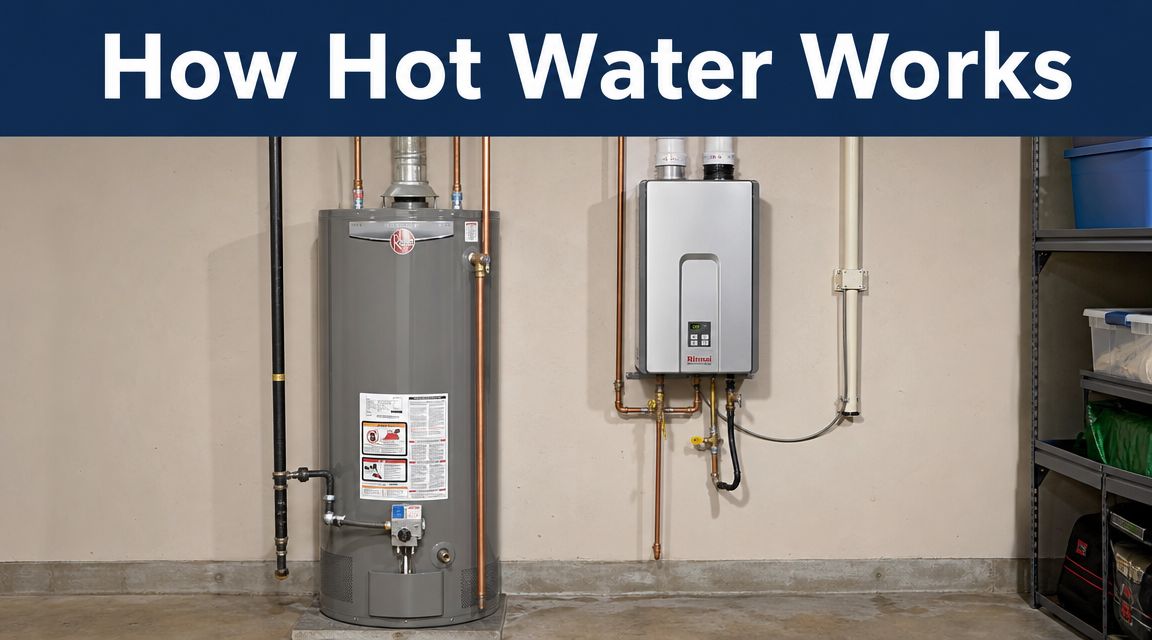 A standard tank water heater alongside a modern tankless water heater installed against a concrete basement wall.