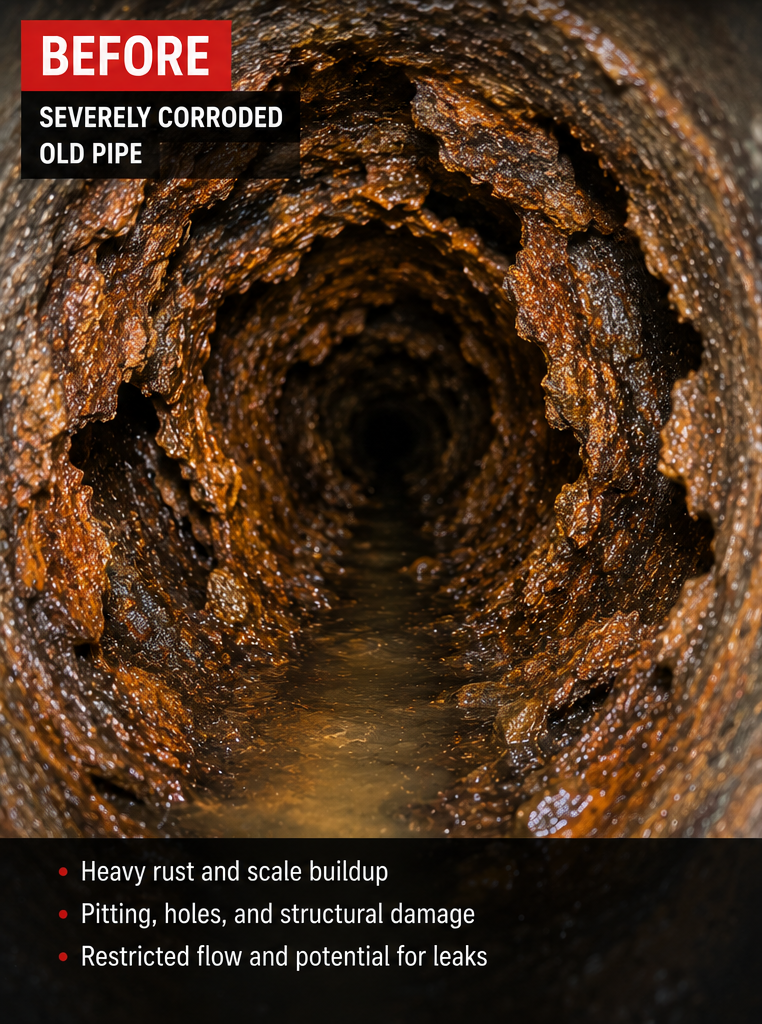 Corroded old pipe interior — before repipe
