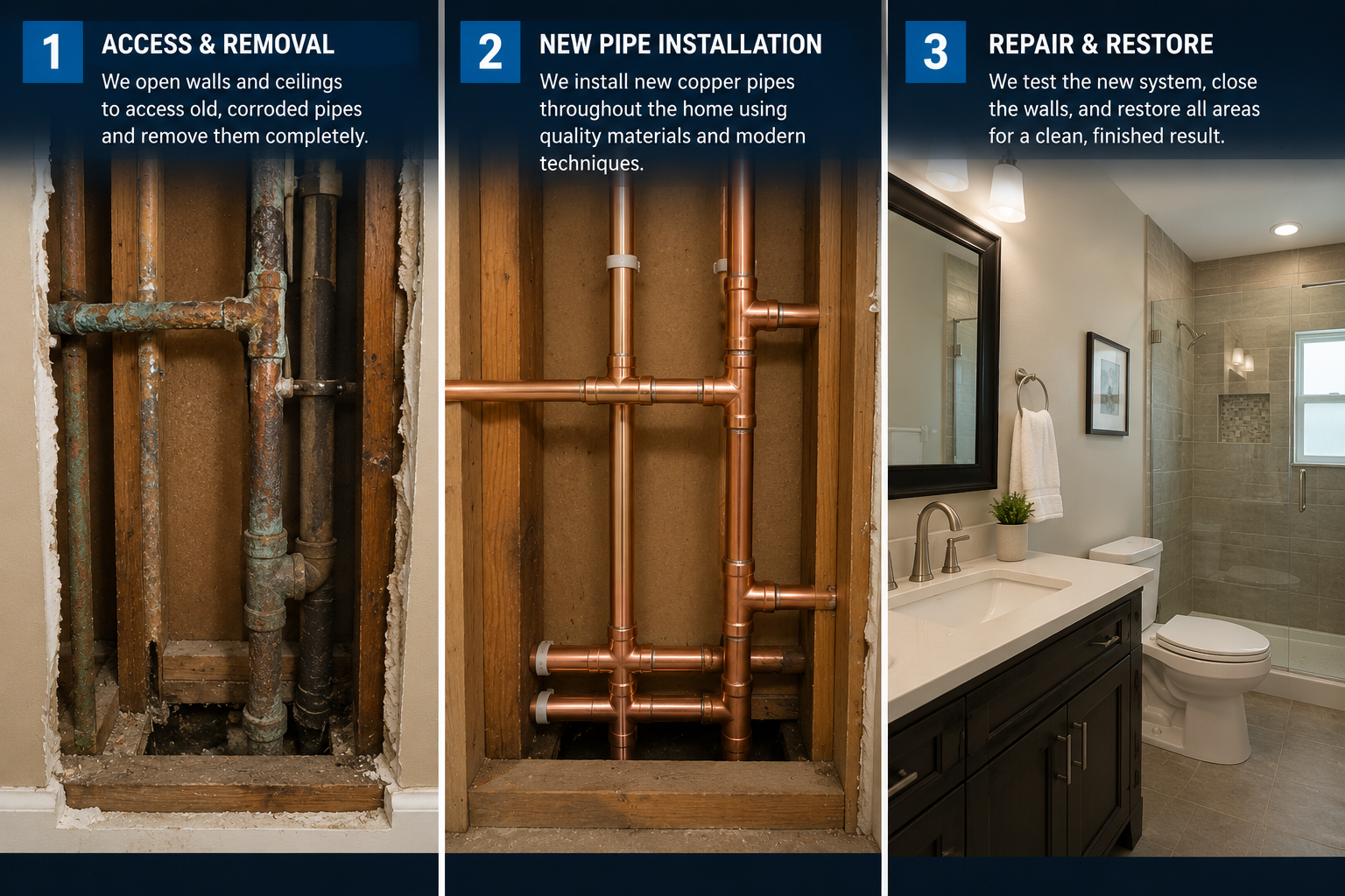 EZ Plumbing whole-home repipe process: access & removal, new pipe installation, repair & restore