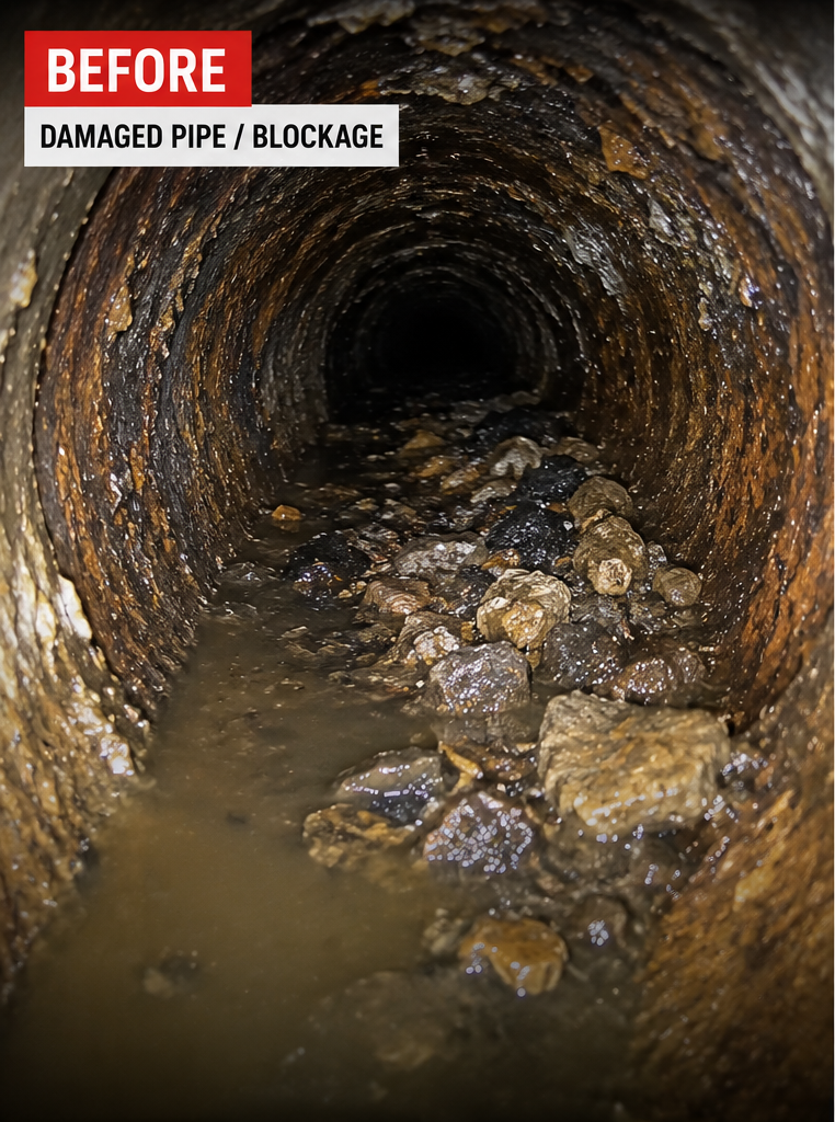 Sewer line before — damaged and blocked
