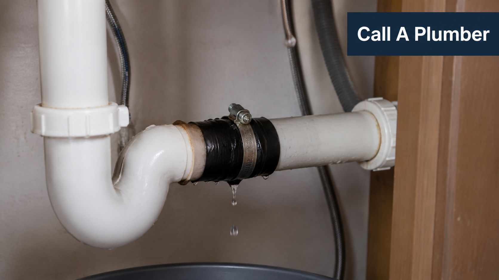 A leaking sink pipe underneath a cabinet being caught in a small gray plastic bucket.