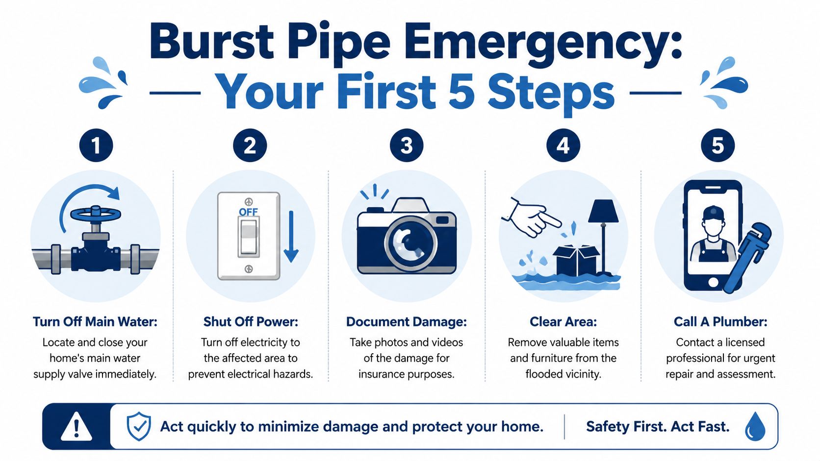 An infographic showing five essential steps to take during a burst pipe emergency at home.