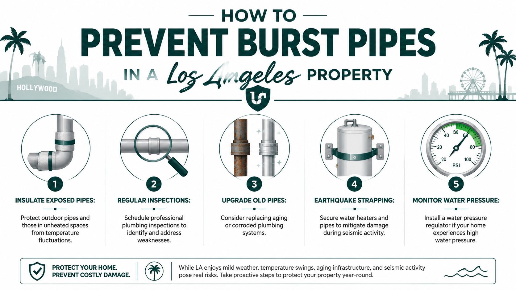 An infographic showing five essential steps to prevent burst pipes in Los Angeles properties and homes.