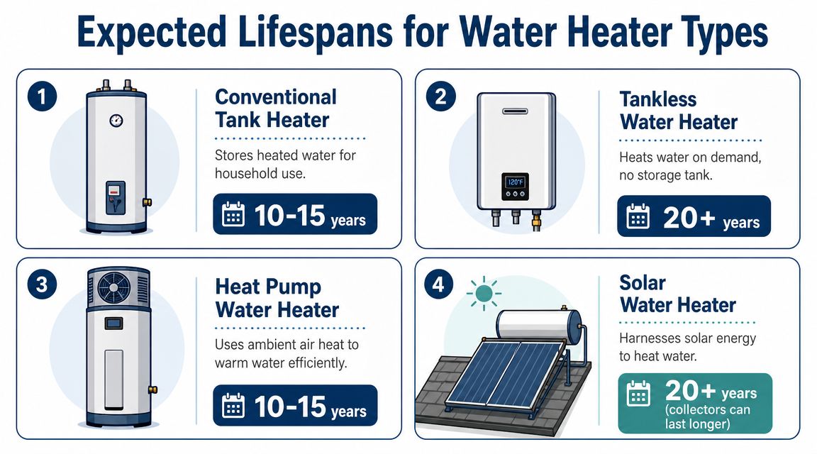 An infographic comparing the expected lifespans of four different types of residential water heating systems.