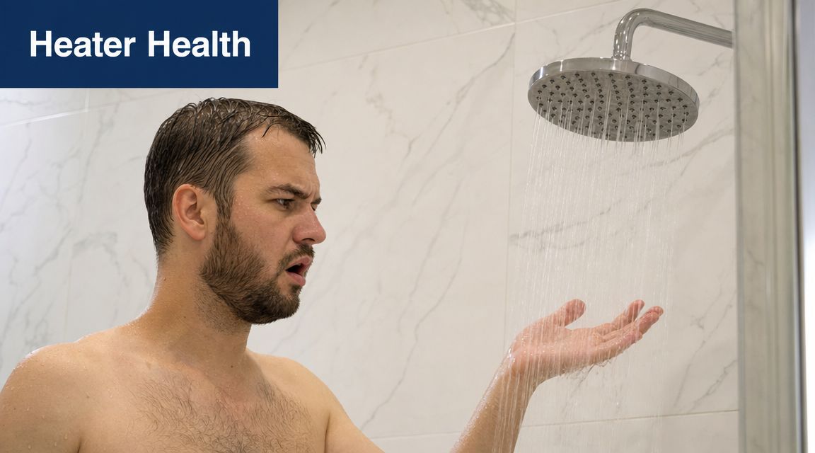A man in a shower looking surprised because the water temperature is not what he expected.