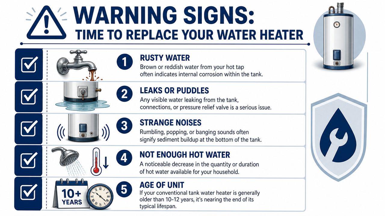 An infographic showing five warning signs that indicate it is time to replace your home water heater.
