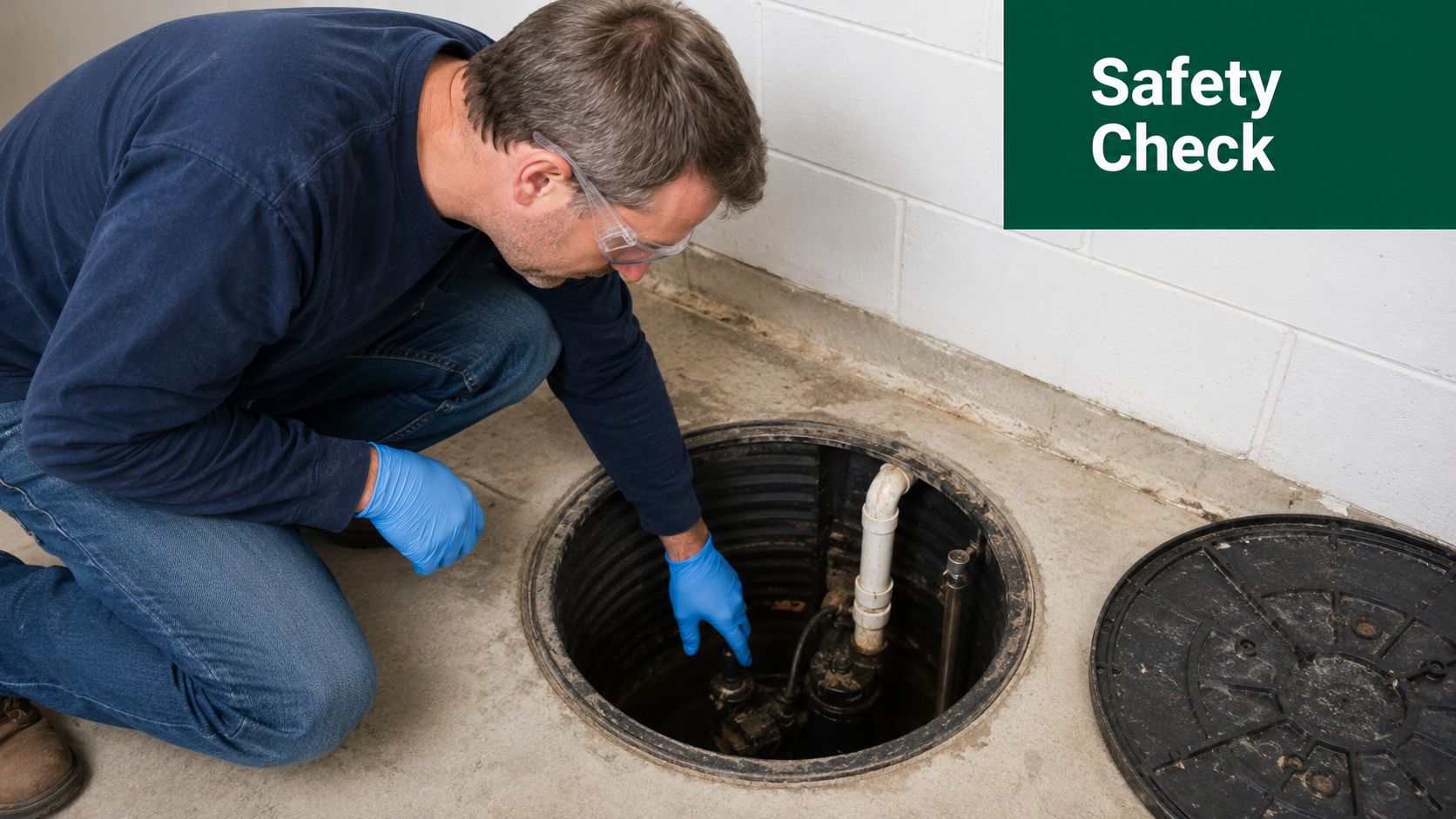 A technician wearing safety glasses and blue gloves inspects a sump pump inside a basement pit.