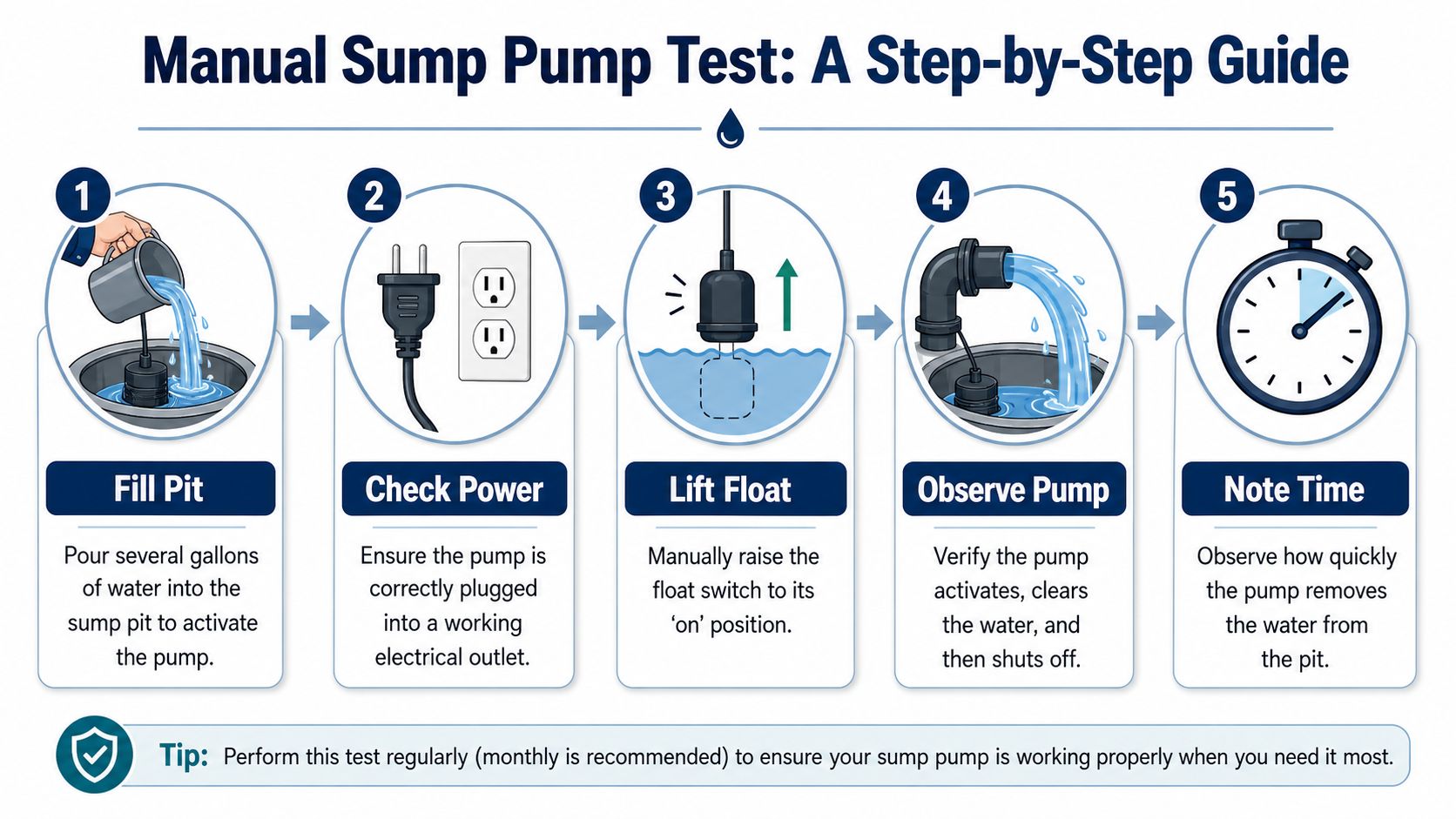 A five-step instructional guide on how to perform a manual sump pump test to ensure functionality.