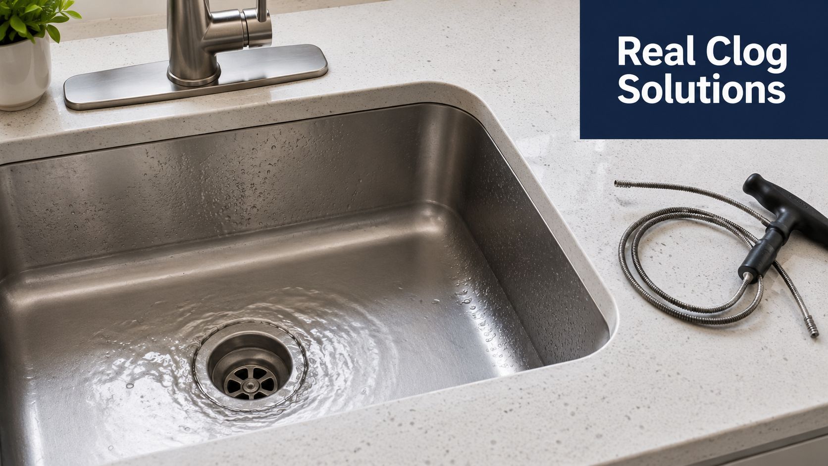 A stainless steel kitchen sink with a plumbing drain snake tool placed on the countertop nearby.