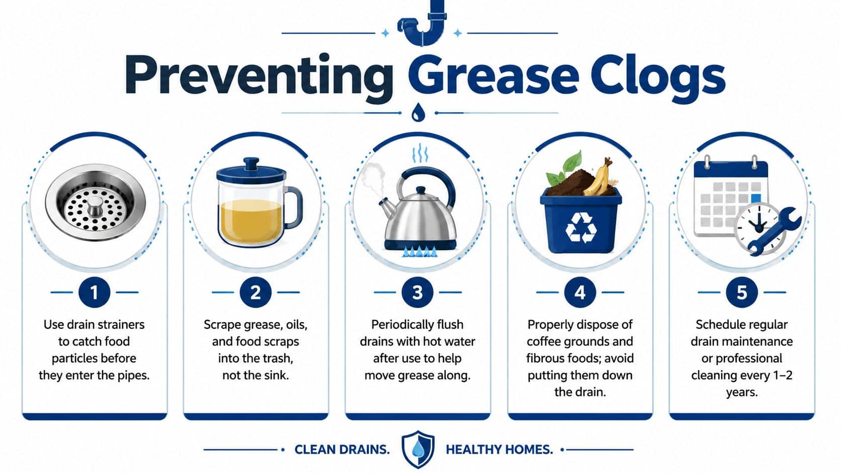 A five-step instructional infographic showing ways to prevent household grease clogs in kitchen plumbing drains.