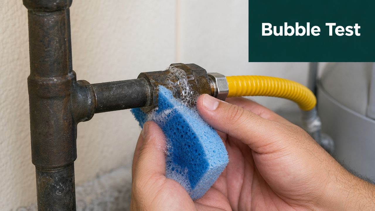 A person using a soapy sponge to check for gas leaks at a pipe joint connection.