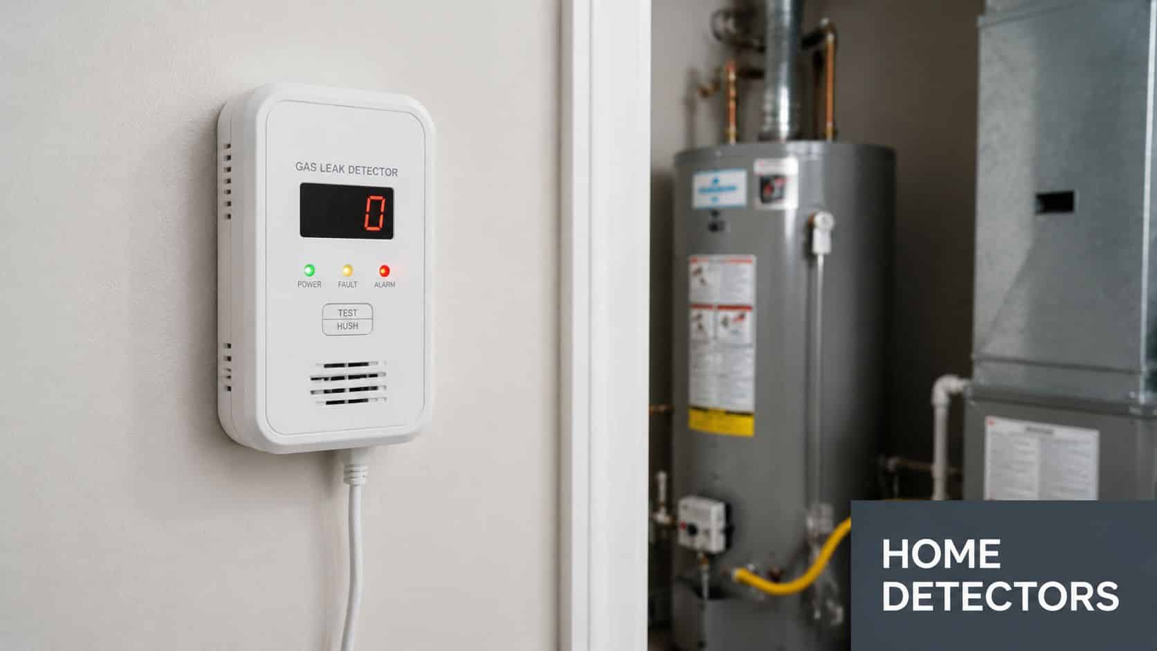 A digital gas leak detector mounted on a wall near a residential water heater and HVAC unit.