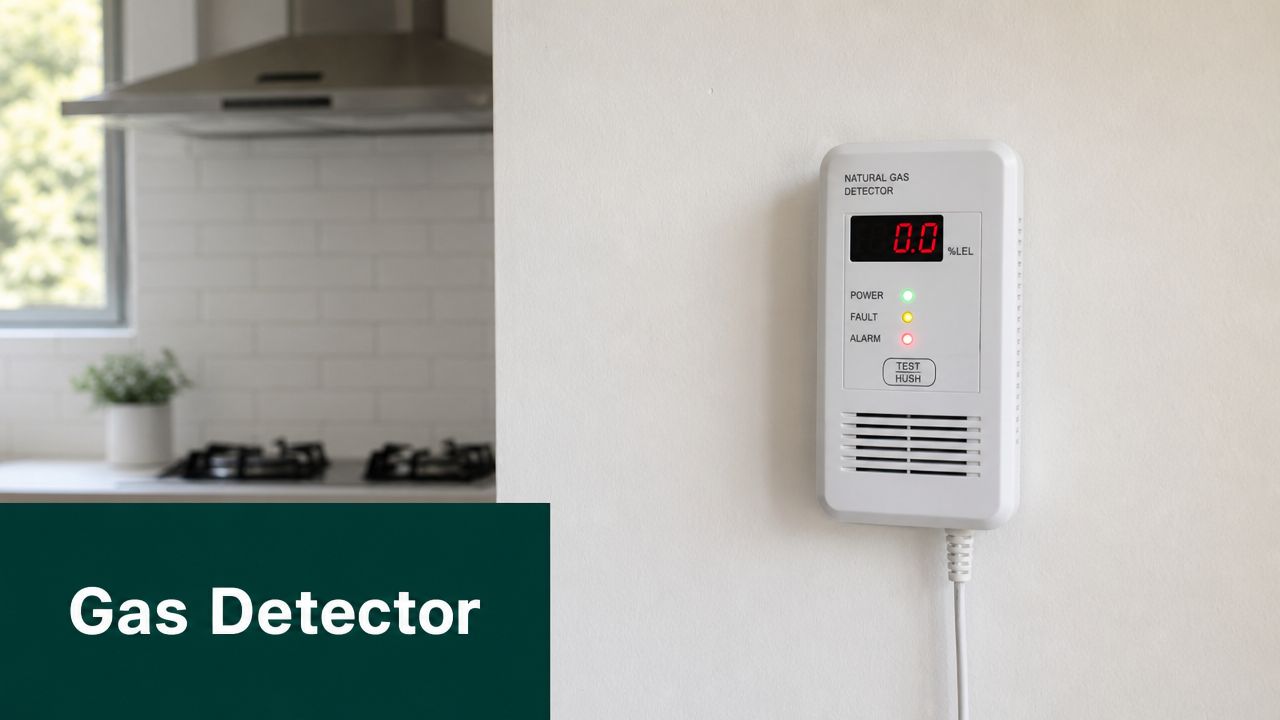 A digital natural gas detector mounted on a white wall in a kitchen with a stove visible.