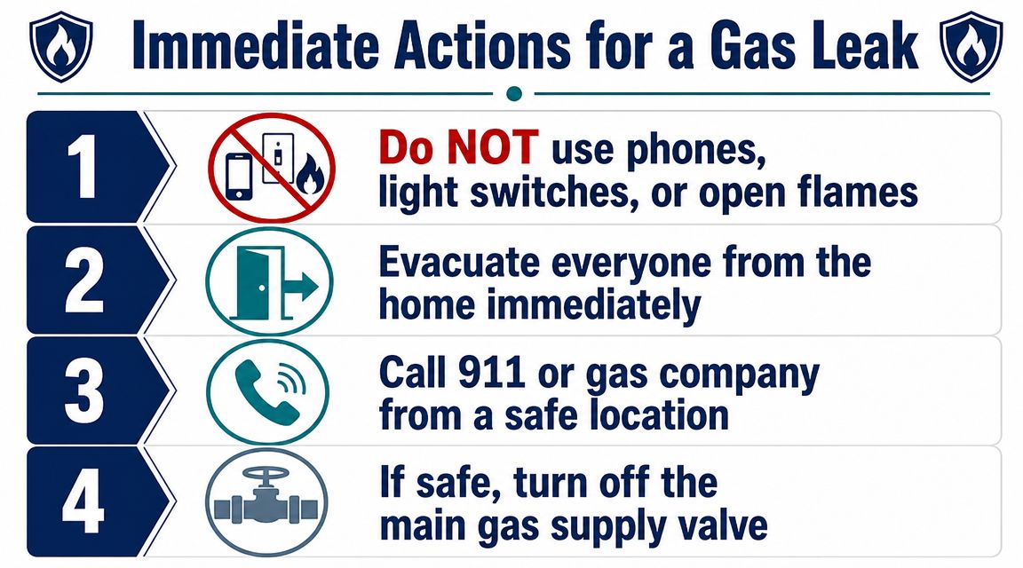A safety infographic titled Immediate Actions for a Gas Leak listing four numbered steps to take during an emergency.
