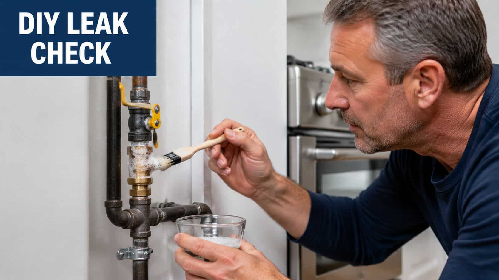 A man performing a DIY gas leak test by applying soapy water to a pipe connection.