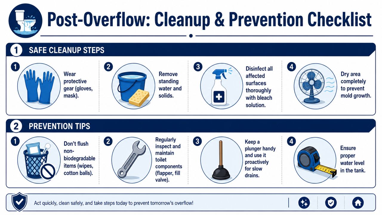 An infographic checklist showing safe steps to clean up a toilet overflow and tips to prevent future occurrences.