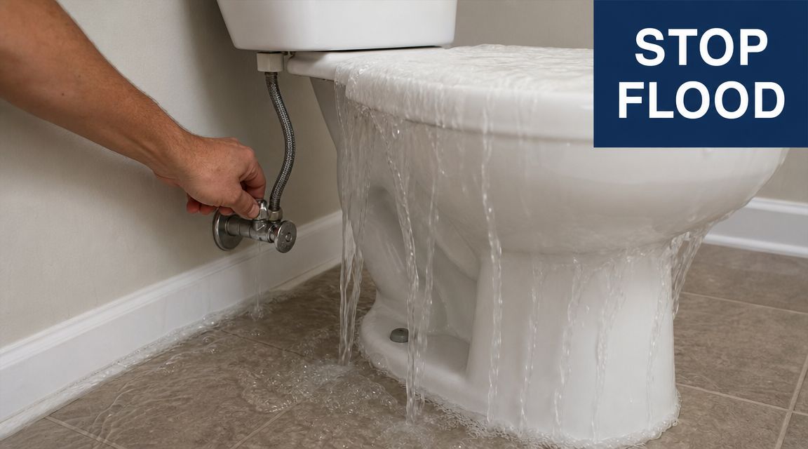A person turning off the water supply valve to stop an overflowing white toilet in a bathroom.