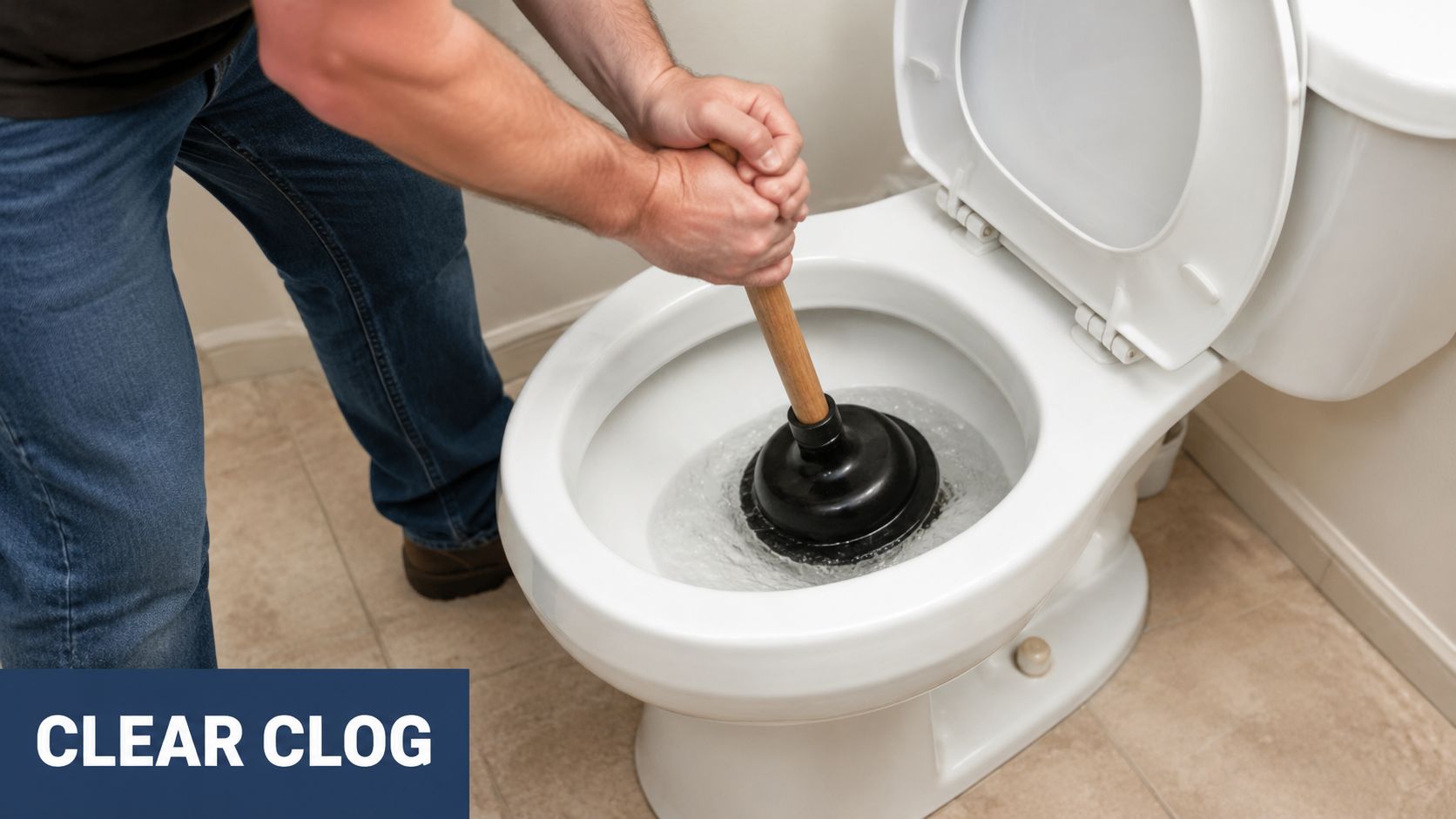 A person using a plunger to clear a clog in a white porcelain toilet bowl.