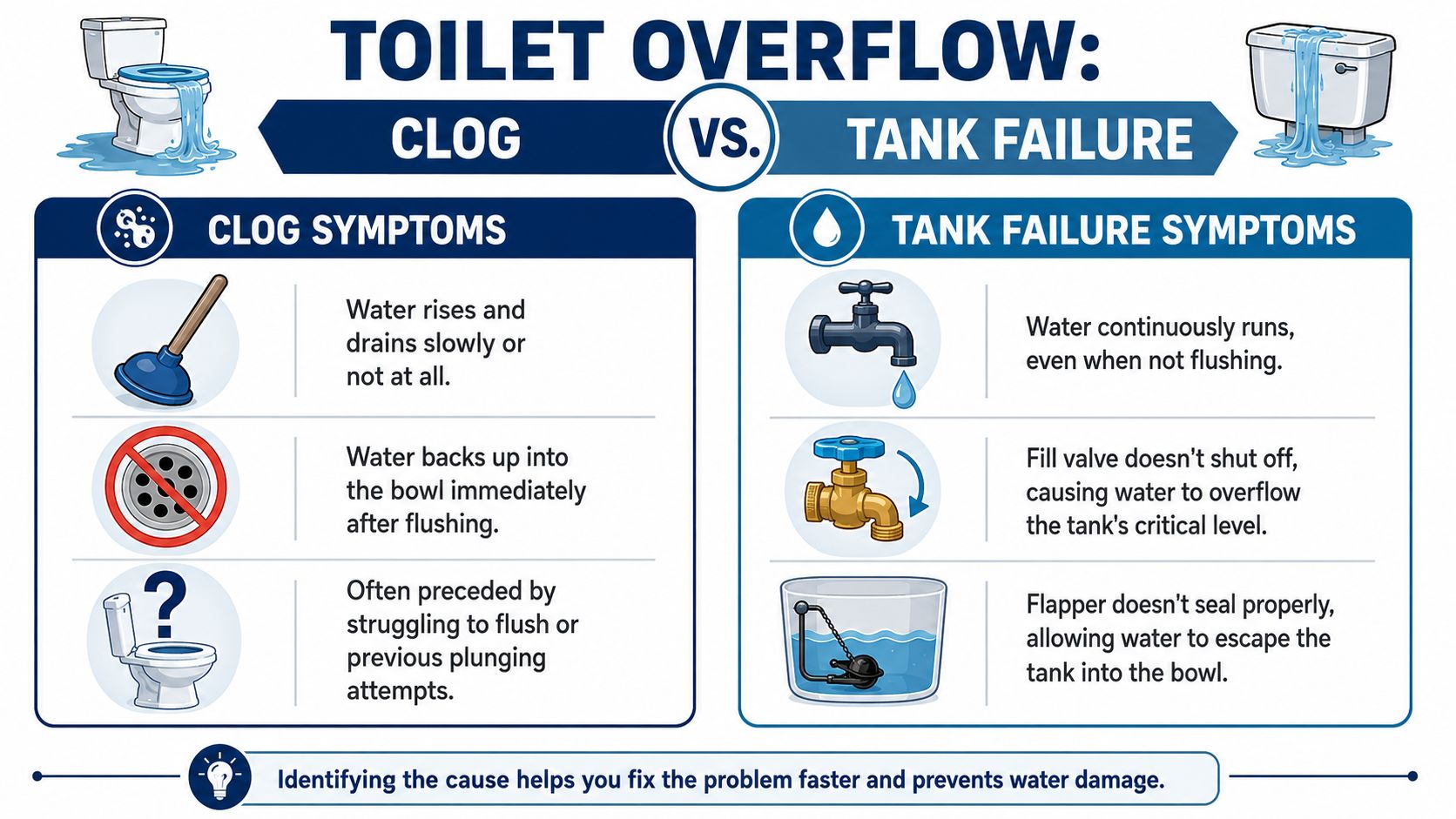 A diagnostic infographic comparing common causes of toilet overflow, specifically clogs versus mechanical tank failures.