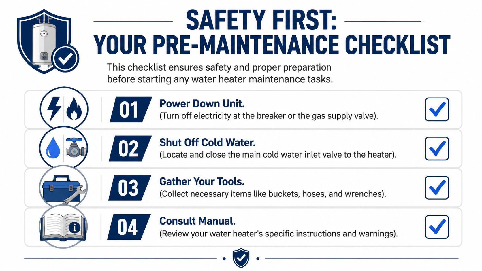 A safety checklist infographic showing four essential steps to perform before starting water heater maintenance tasks.