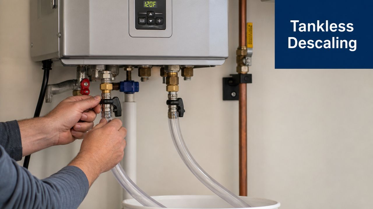 A technician performing a tankless water heater descaling service using a pump and clear hoses in a bucket.