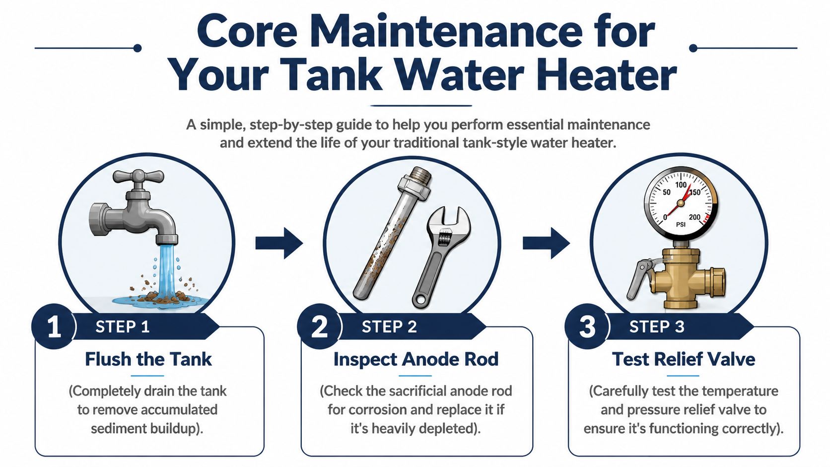 A three-step infographic showing how to maintain a water heater by flushing, inspecting, and testing.