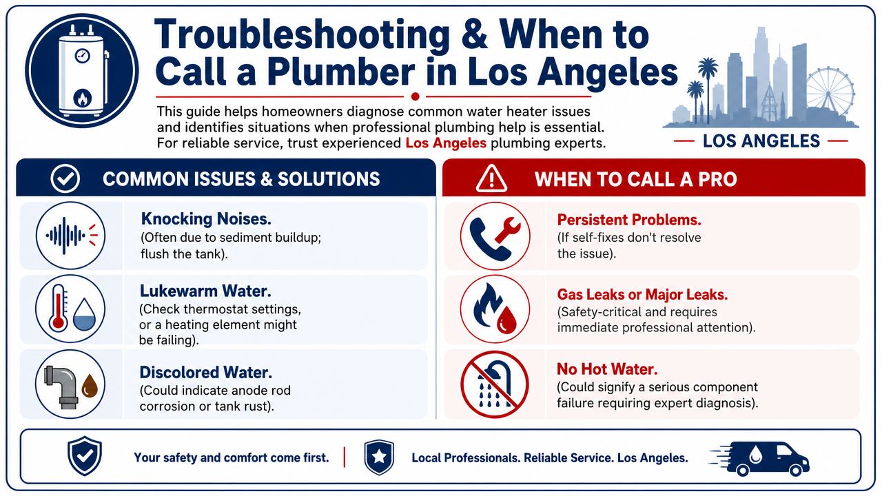 An infographic titled Troubleshooting and When to Call a Plumber in Los Angeles, listing common water heater issues.