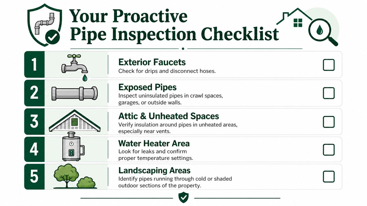 A five-step instructional checklist for performing a proactive home pipe inspection to prevent damage.