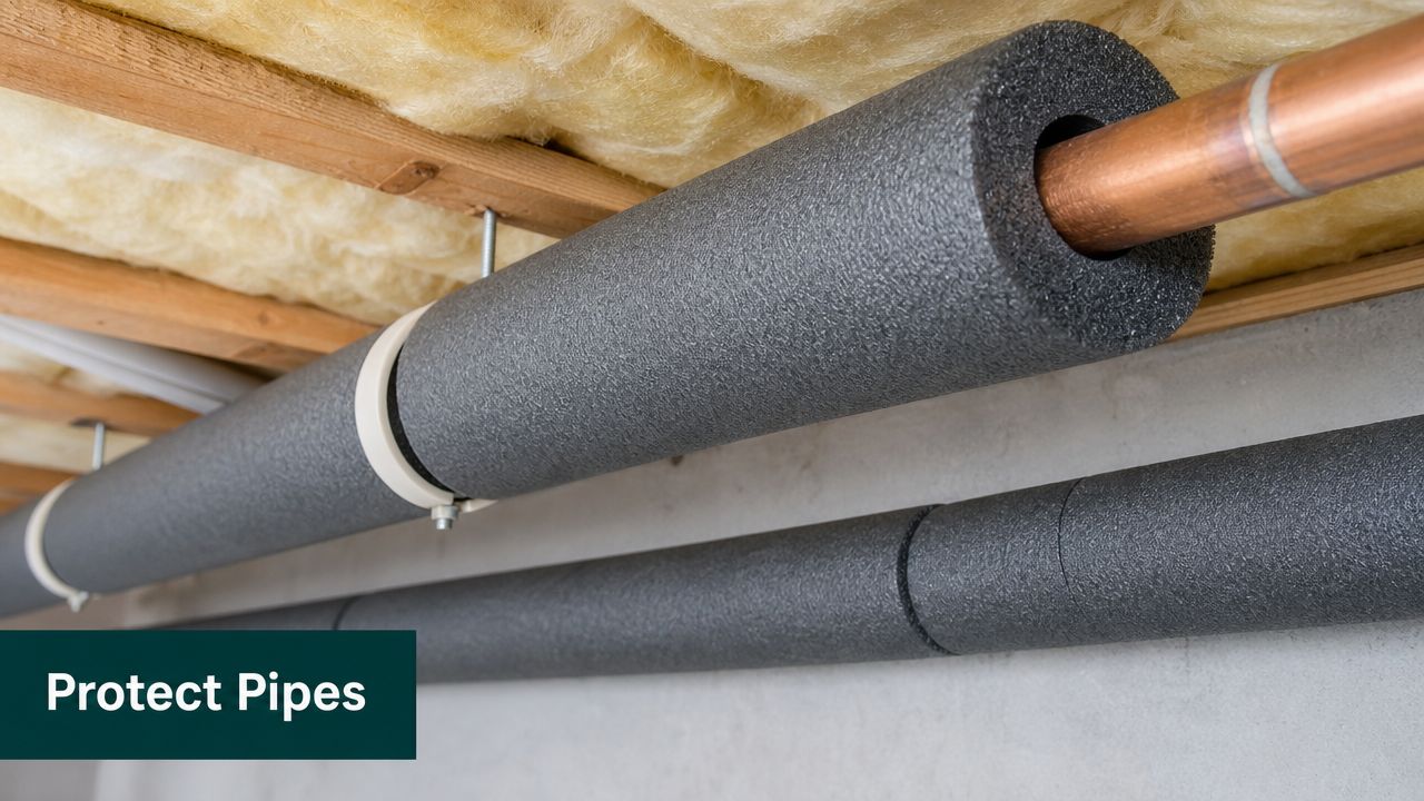 A close-up view of copper water pipes insulated with black foam pipe sleeves under a wooden ceiling.