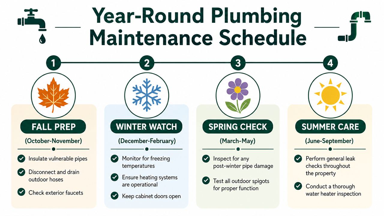 A year-round plumbing maintenance schedule infographic highlighting seasonal tasks for pipe care in autumn, winter, spring, and summer.