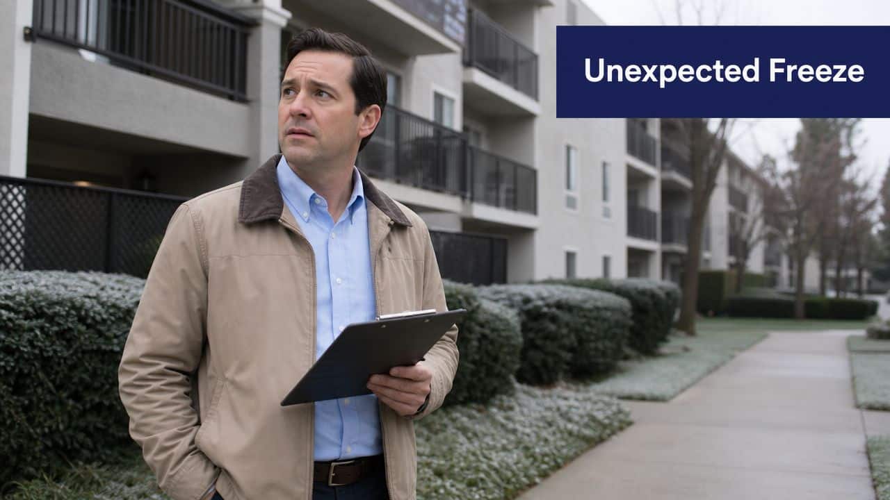 A concerned property inspector holding a clipboard stands in front of a frost-covered apartment building.