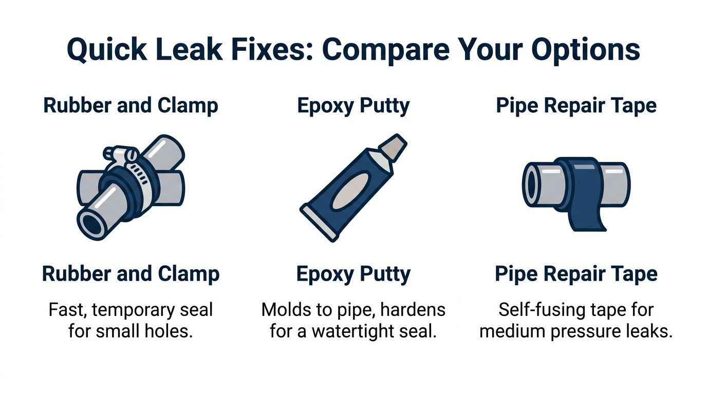 An infographic showing three quick DIY methods to repair a leaky pipe: rubber and clamp, epoxy, and tape.