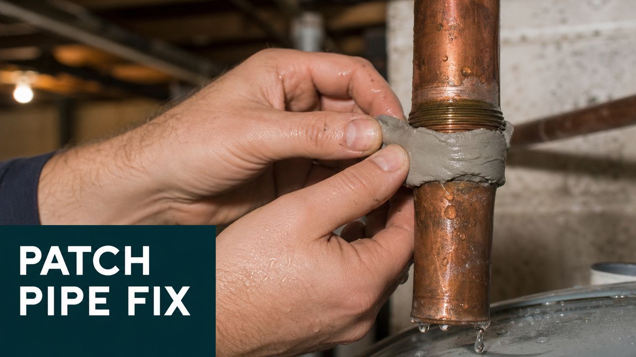 A person applying grey epoxy putty to a leaking copper plumbing joint to seal the pipe.