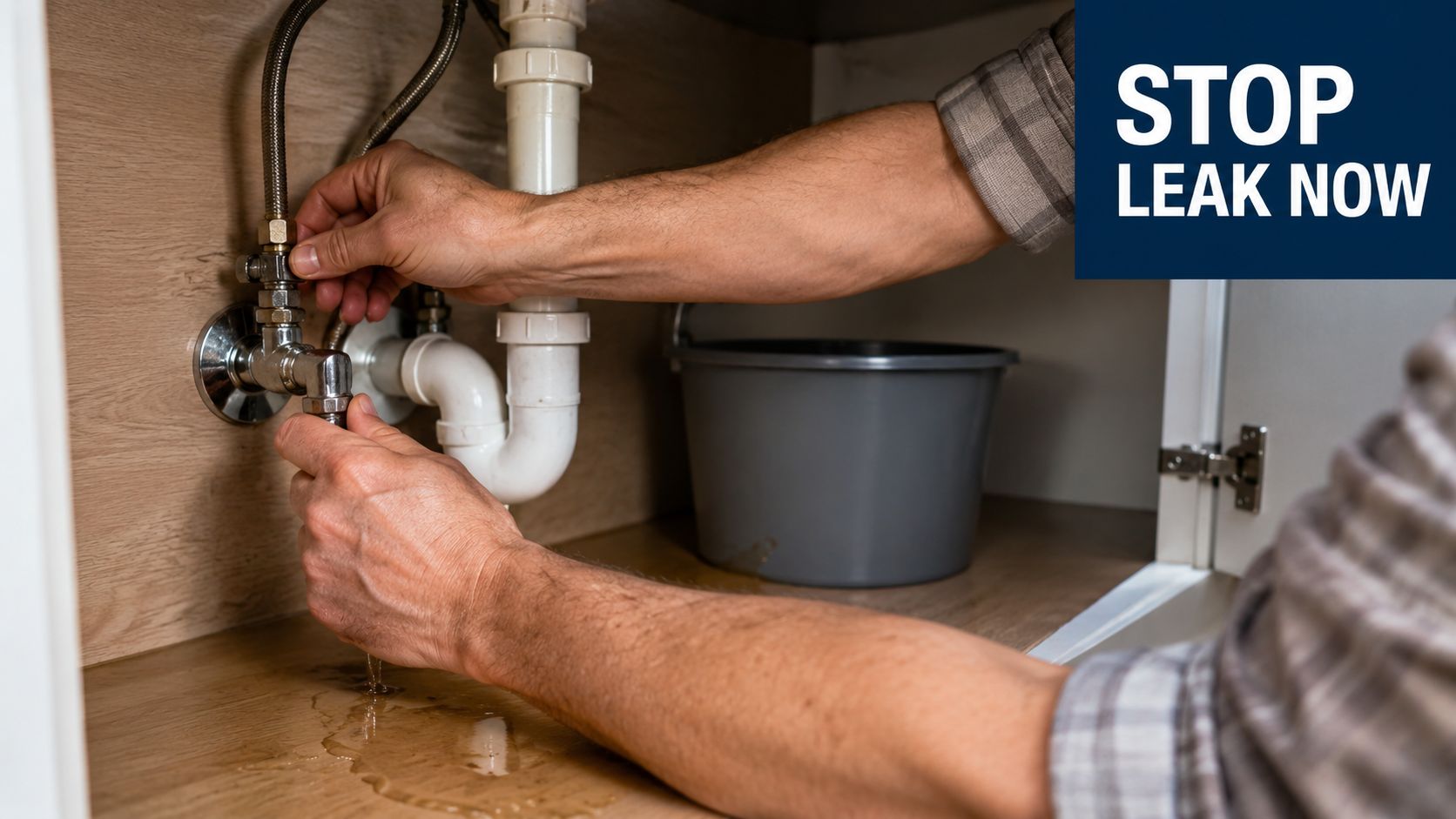 A plumber manually repairing a water leak from a pipe under a bathroom sink cabinet.
