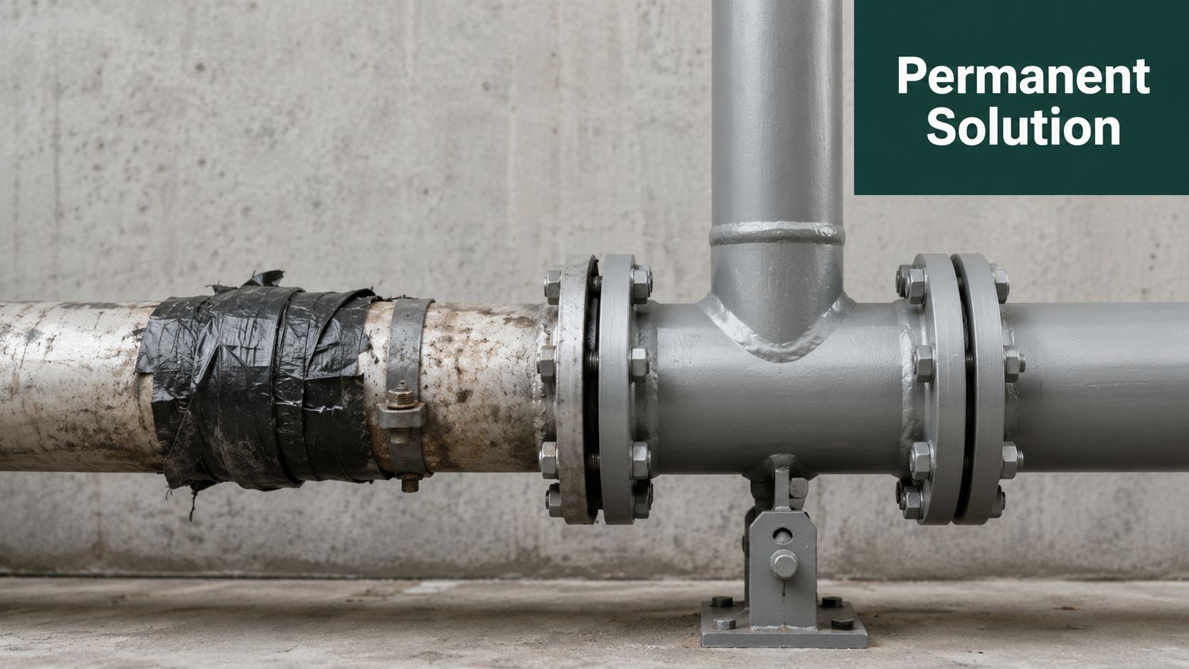 A gray industrial pipe connected to a new T-junction, with a temporary repair on the left side.
